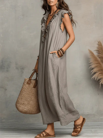 Maxi dresses for women with V-neck and ruffle cap sleeves