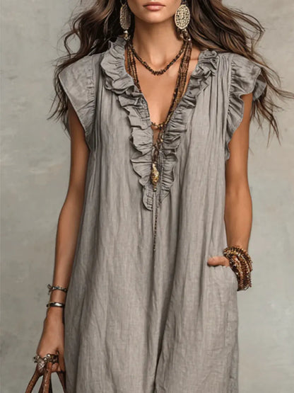 Maxi dresses for women with V-neck and ruffle cap sleeves