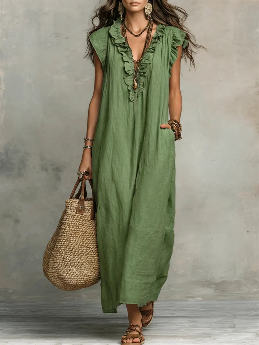 Maxi dresses for women with V-neck and ruffle cap sleeves