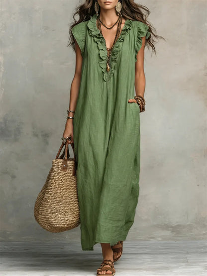 Maxi dresses for women with V-neck and ruffle cap sleeves
