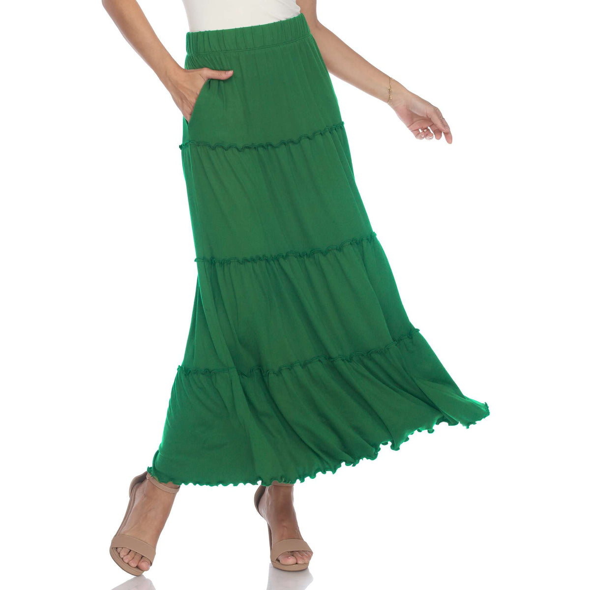 Tiered maxi skirt for women with ruffled hem, A-line fit and side pockets