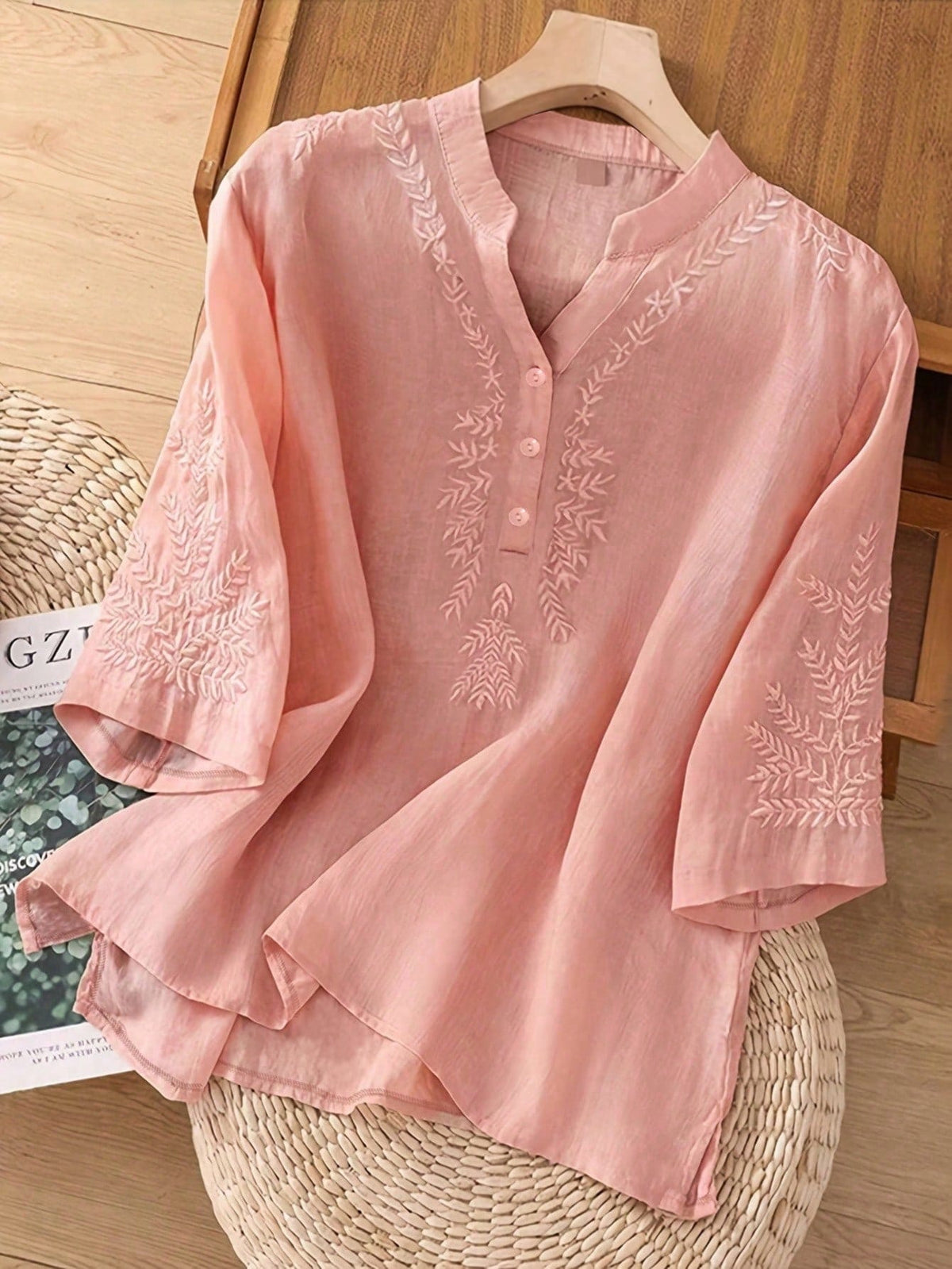 Blouse with embroidered V-neck and half sleeves for women