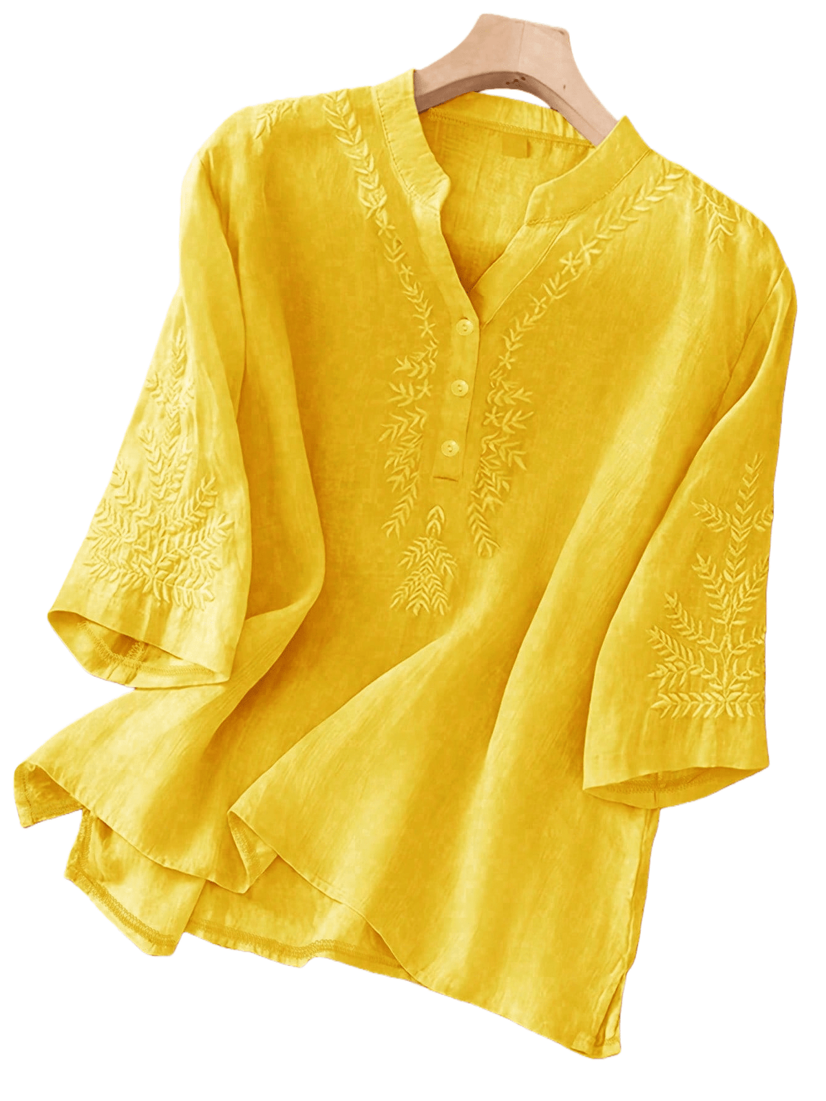 Blouse with embroidered V-neck and half sleeves for women