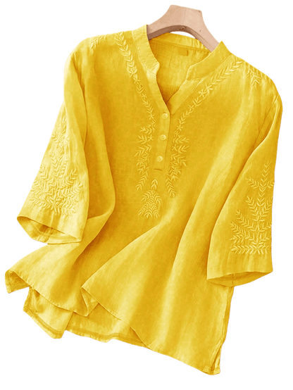 Blouse with embroidered V-neck and half sleeves for women