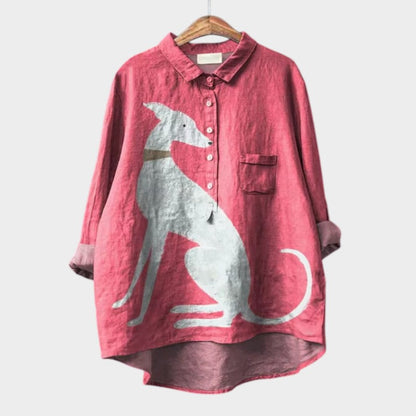 Blouse for women with dog print, long sleeve and half button placket