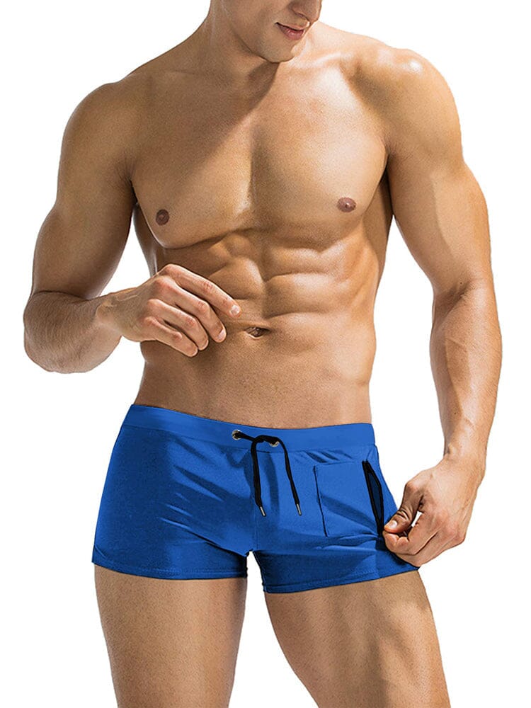 Slim fit board shorts for men with square leg, drawstring waist and zip pocket