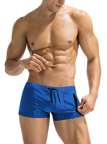 Slim fit board shorts for men with square leg, drawstring waist and zip pocket