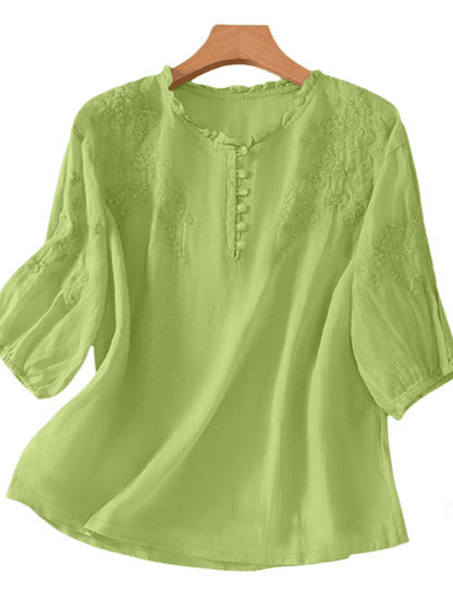 Embroidered blouse for women with ruffle neckline and half sleeves