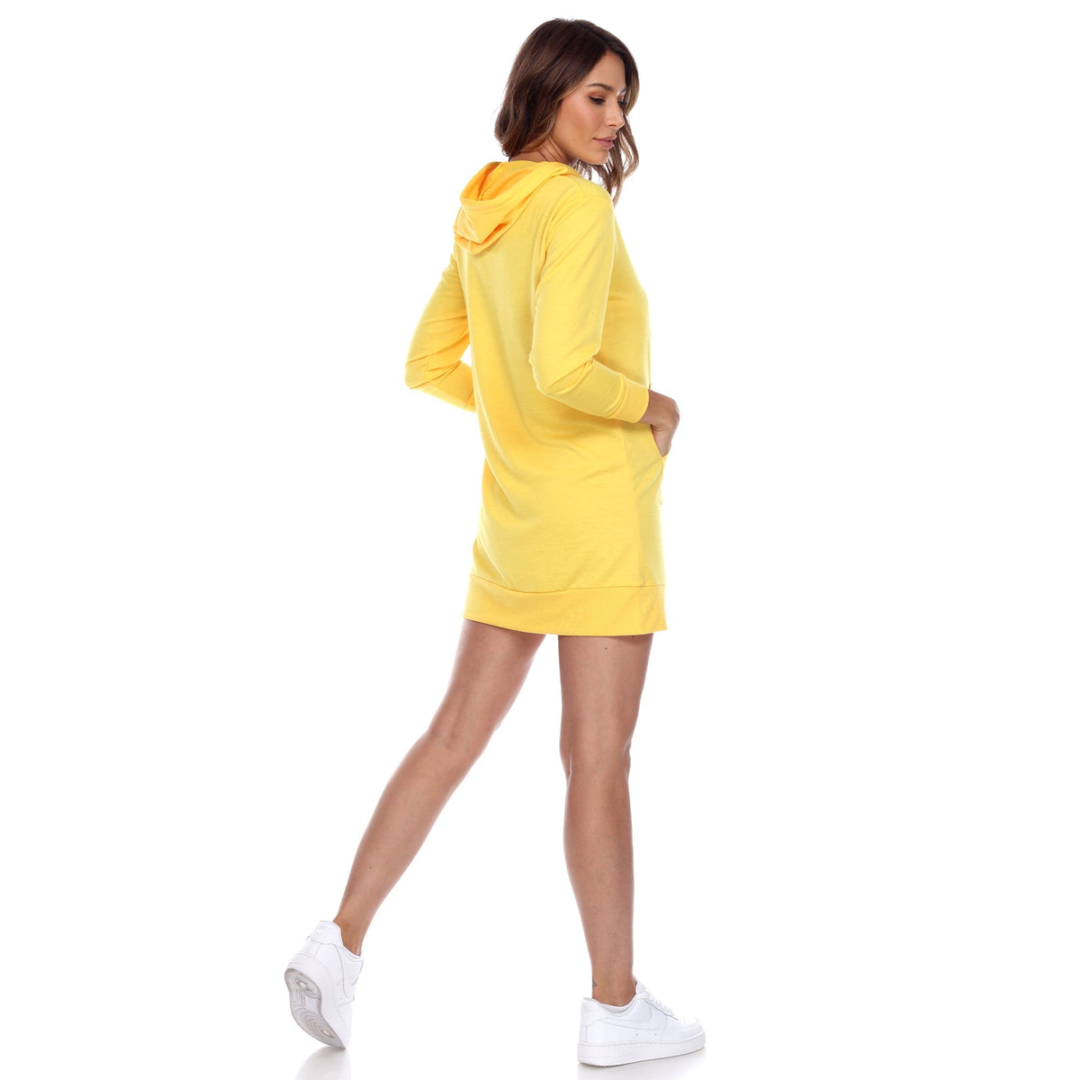 Hooded mini dress for women with long sleeves and front pocket