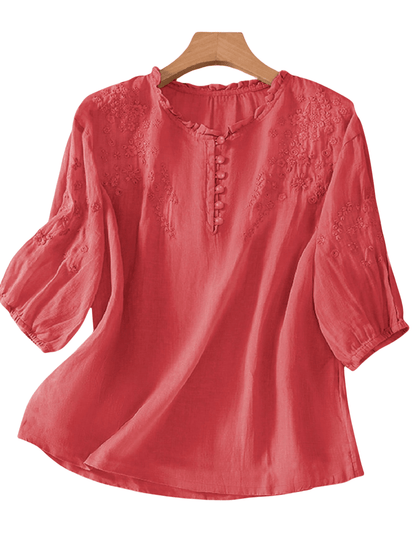 Embroidered blouse for women with ruffle neckline and half sleeves