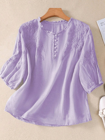 Embroidered blouse for women with ruffle neckline and half sleeves
