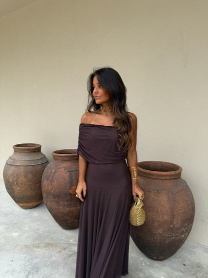 Off the shoulder maxi dresses for women with mesh overlay skirt