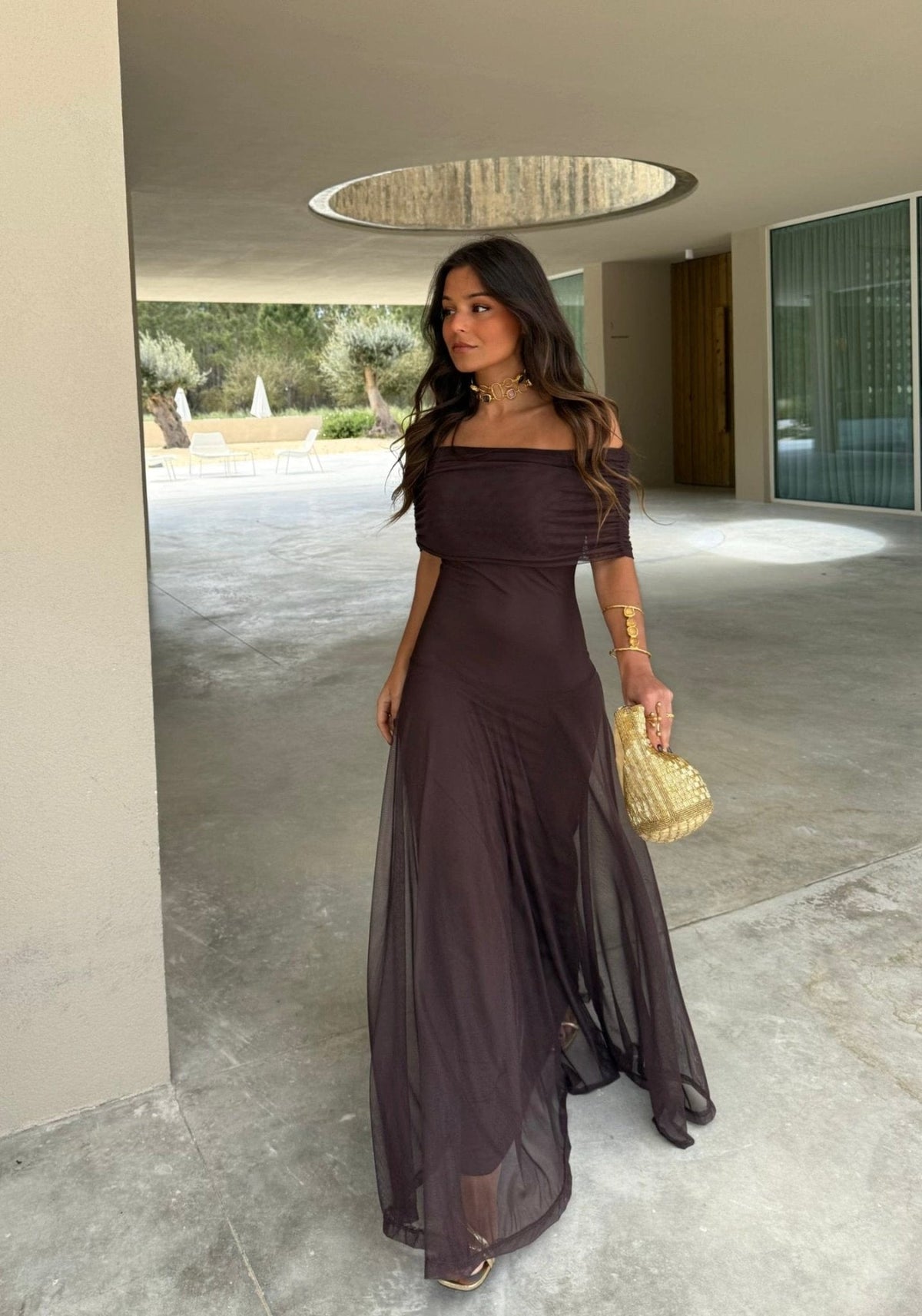 Off the shoulder maxi dresses for women with mesh overlay skirt