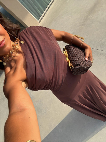 Off the shoulder maxi dresses for women with mesh overlay skirt