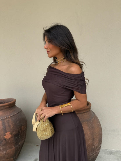 Off the shoulder maxi dresses for women with mesh overlay skirt