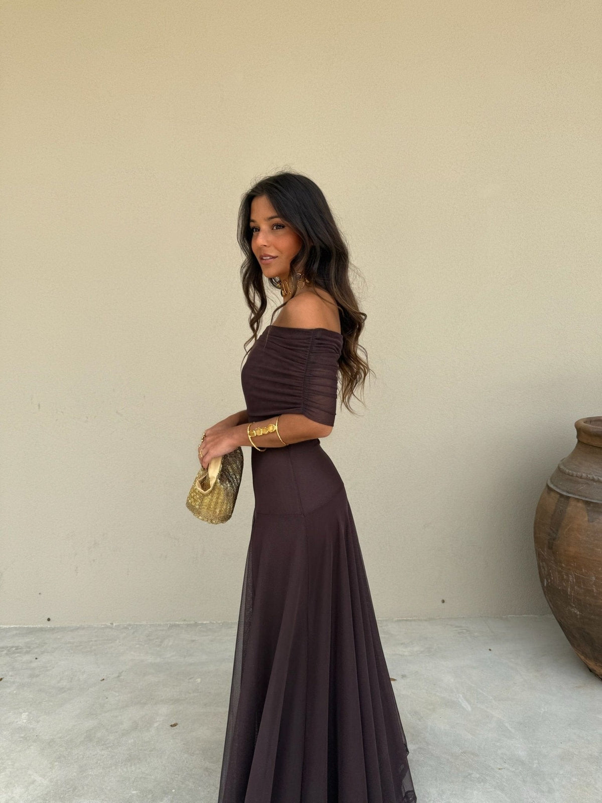 Off the shoulder maxi dresses for women with mesh overlay skirt