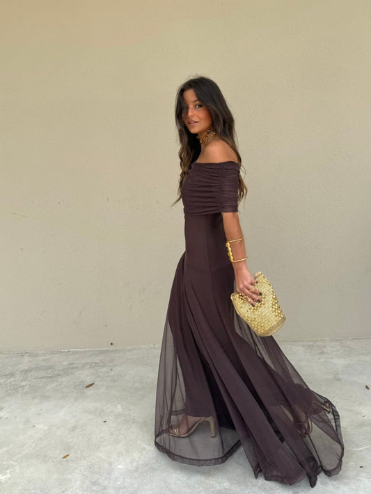 Off the shoulder maxi dresses for women with mesh overlay skirt