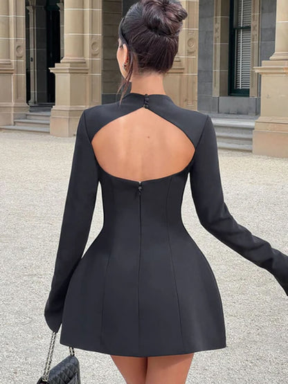 Long sleeve backless mini dress for women with flared skirt