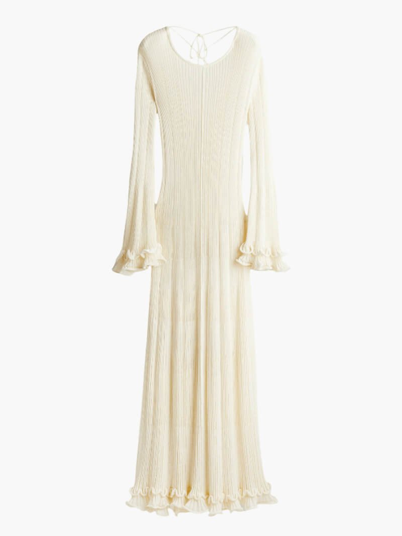 Open back maxi dresses for women with trumpet sleeves and frill hem