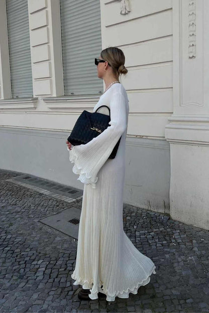 Open back maxi dresses for women with trumpet sleeves and frill hem