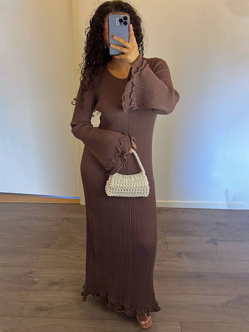 Open back maxi dresses for women with trumpet sleeves and frill hem