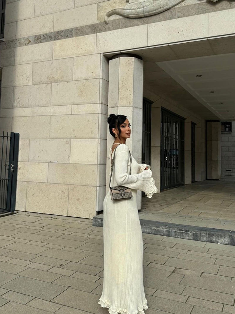 Open back maxi dresses for women with trumpet sleeves and frill hem