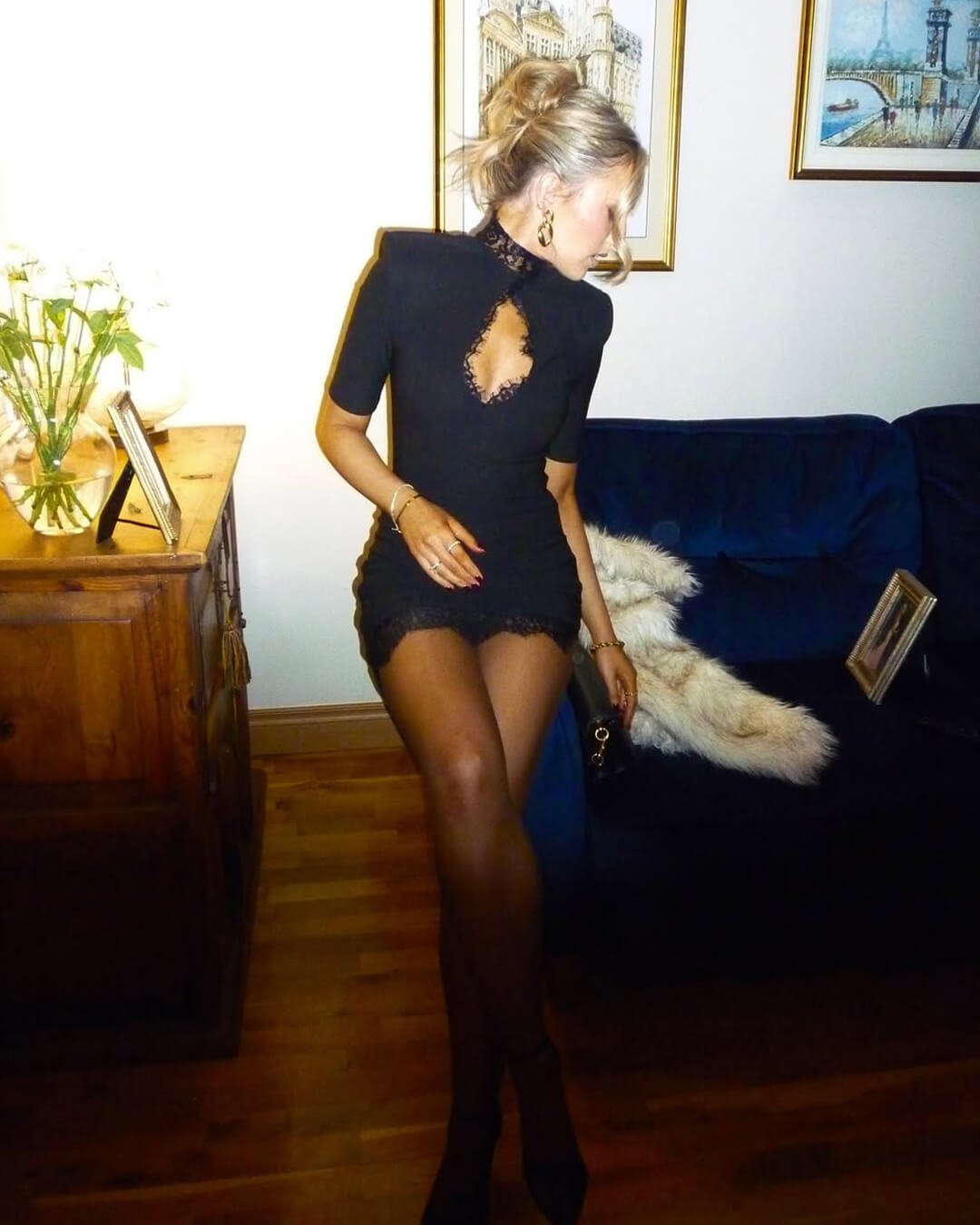 High neck mini dress for women with lace trim and cut out detail