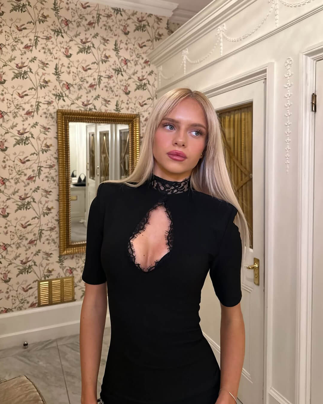 High neck mini dress for women with lace trim and cut out detail