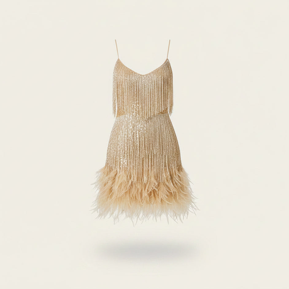 Cocktail dresses for women with fringe detail and spaghetti straps