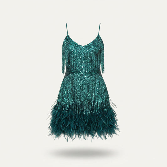 Cocktail dresses for women with fringe detail and spaghetti straps