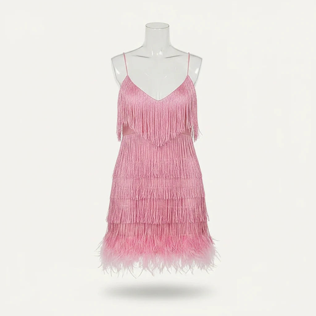 Cocktail dresses for women with fringe detail and spaghetti straps