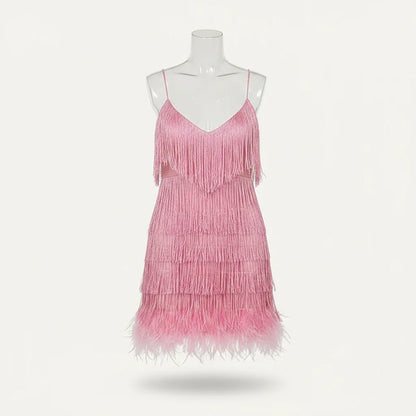 Cocktail dresses for women with fringe detail and spaghetti straps