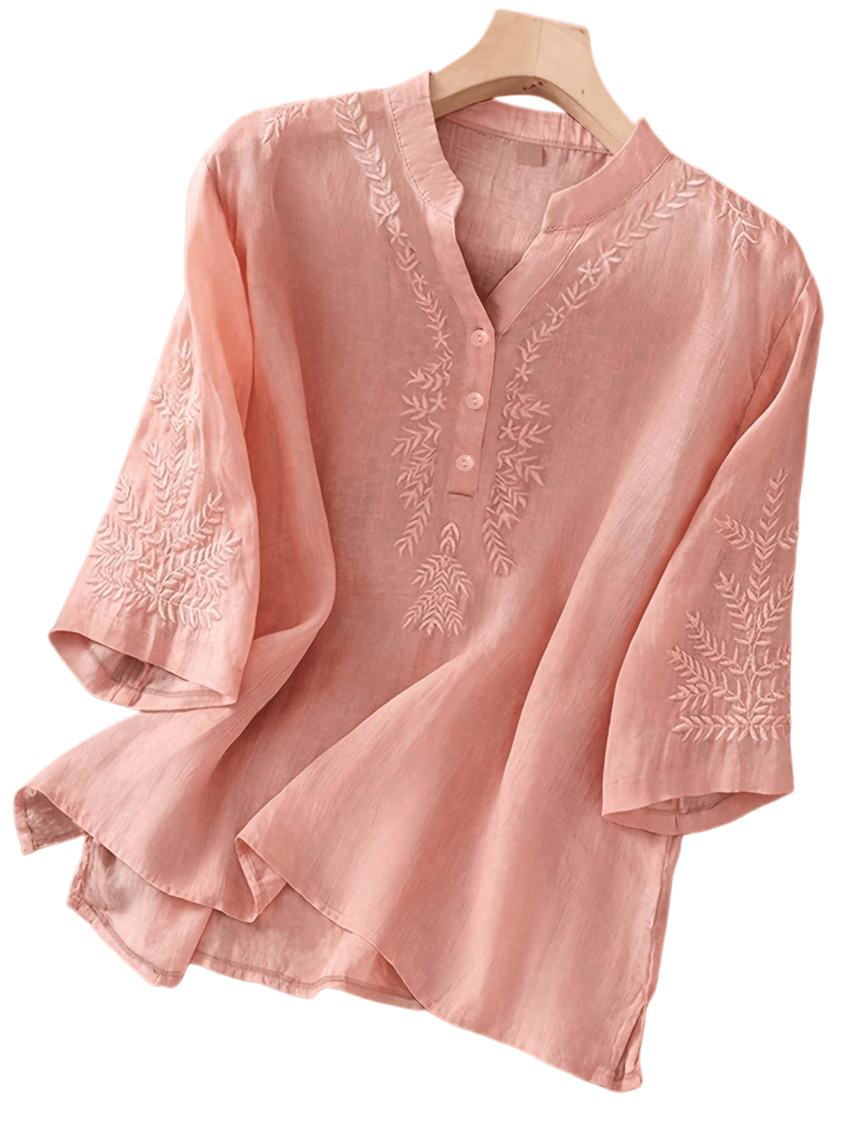 Blouse with embroidered V-neck and half sleeves for women