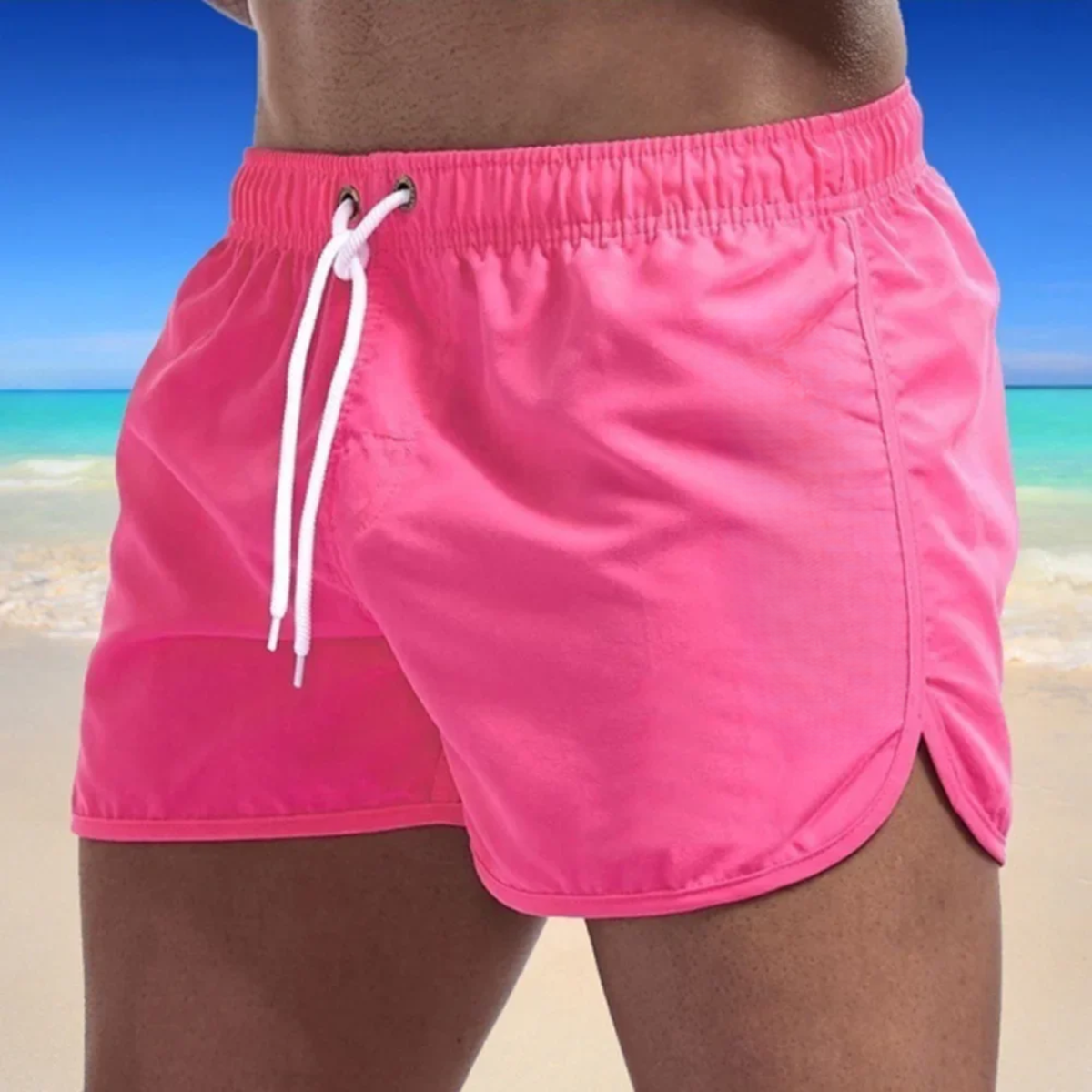 Board shorts for men with drawstring waist and curved hem