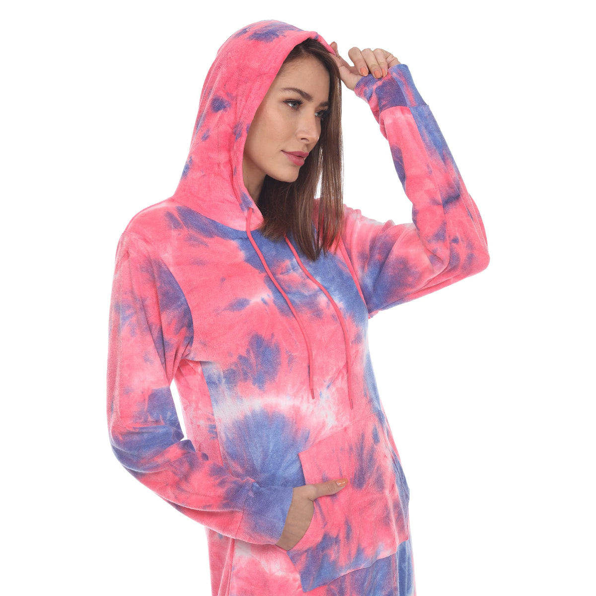 Tie dye mini dress for women with hood and kangaroo pocket