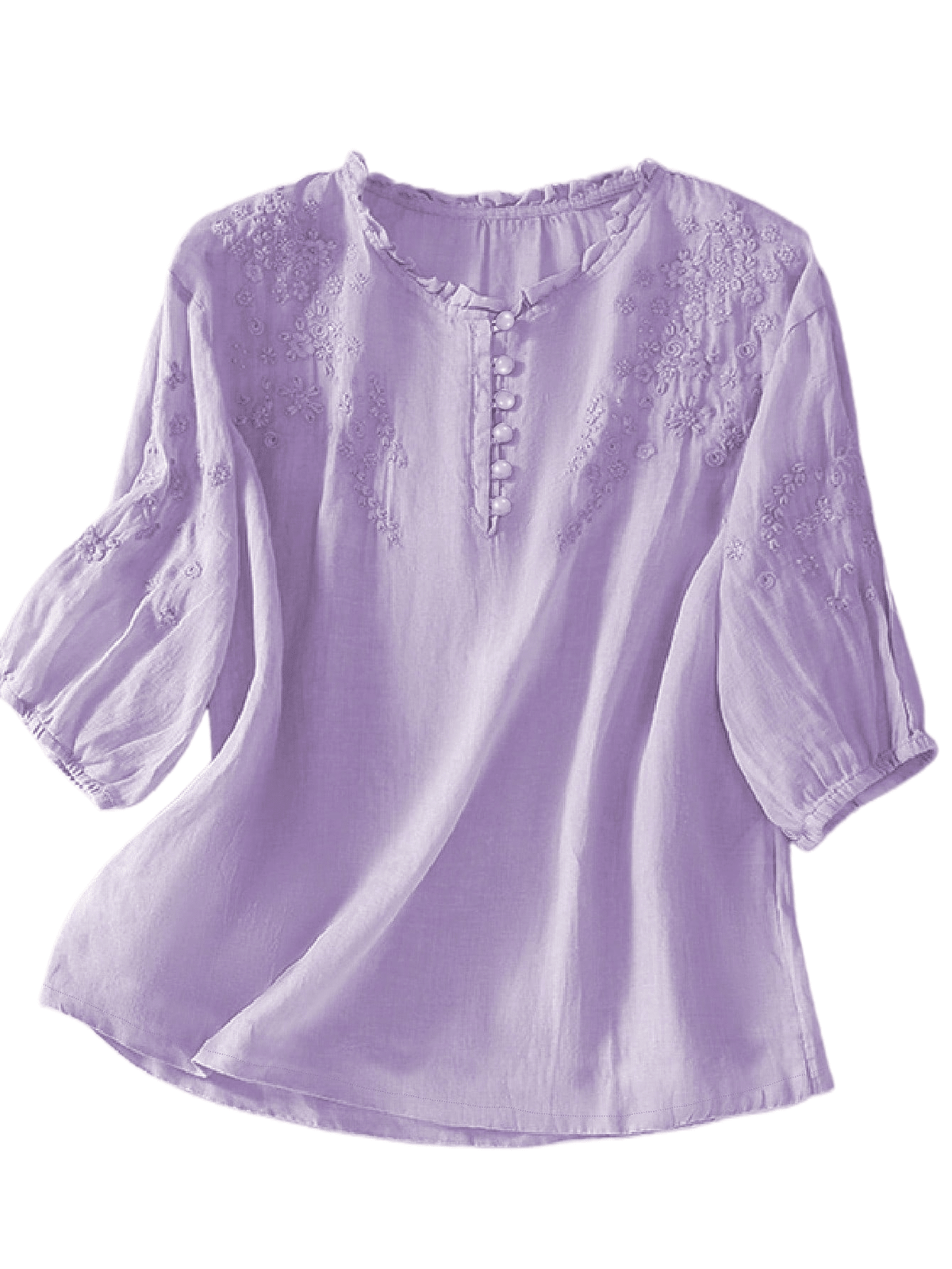 Embroidered blouse for women with ruffle neckline and half sleeves