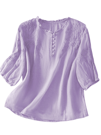 Embroidered blouse for women with ruffle neckline and half sleeves