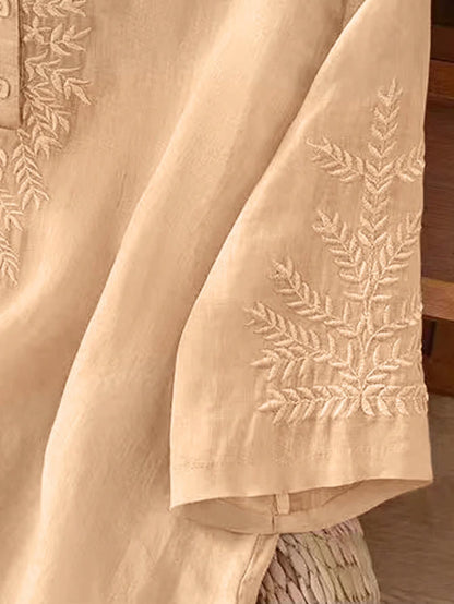 Blouse with embroidered V-neck and half sleeves for women