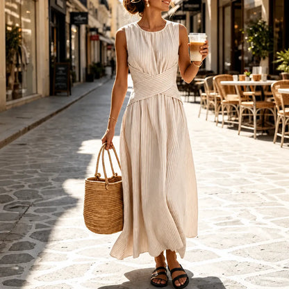 Sleeveless maxi dresses for women with crossover wrap waist