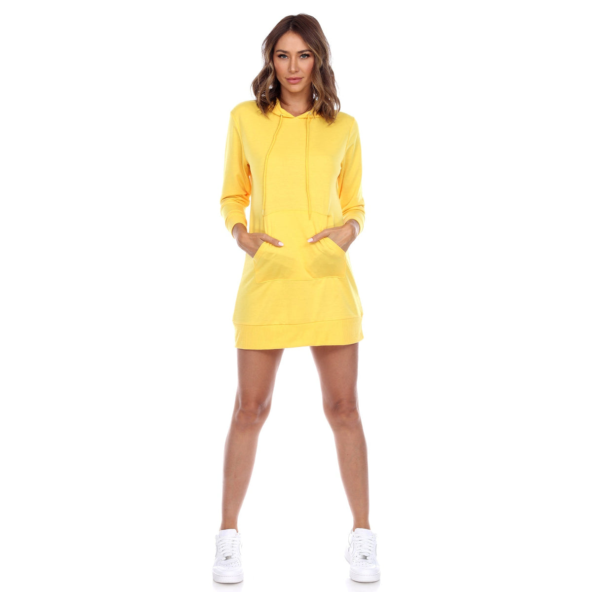 Hooded mini dress for women with long sleeves and front pocket