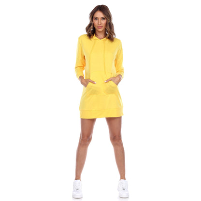 Hooded mini dress for women with long sleeves and front pocket