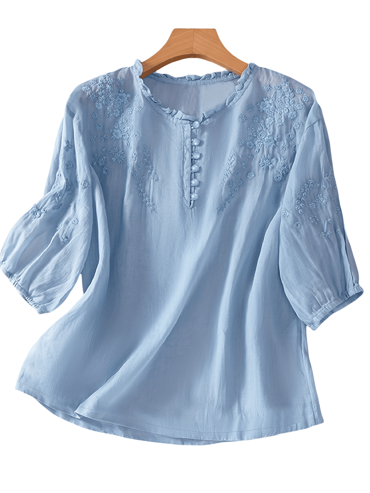 Embroidered blouse for women with ruffle neckline and half sleeves