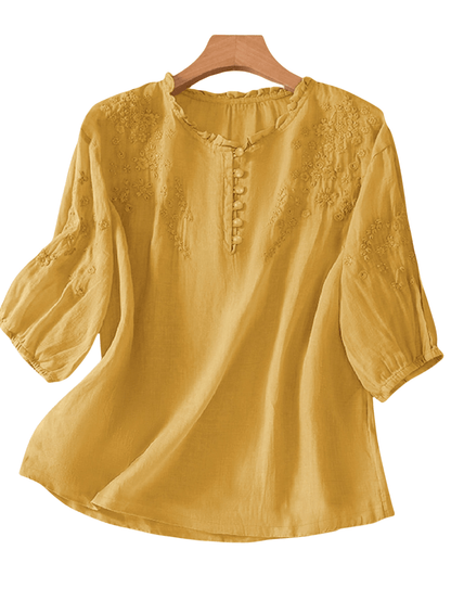 Embroidered blouse for women with ruffle neckline and half sleeves