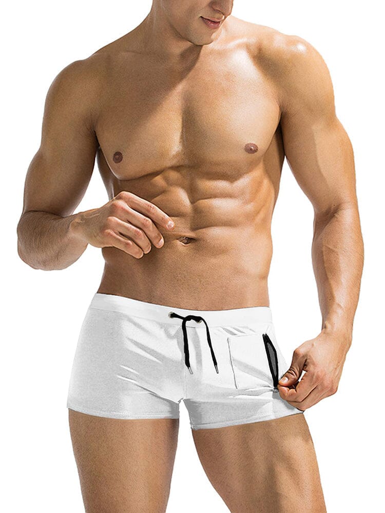 Slim fit board shorts for men with square leg, drawstring waist and zip pocket