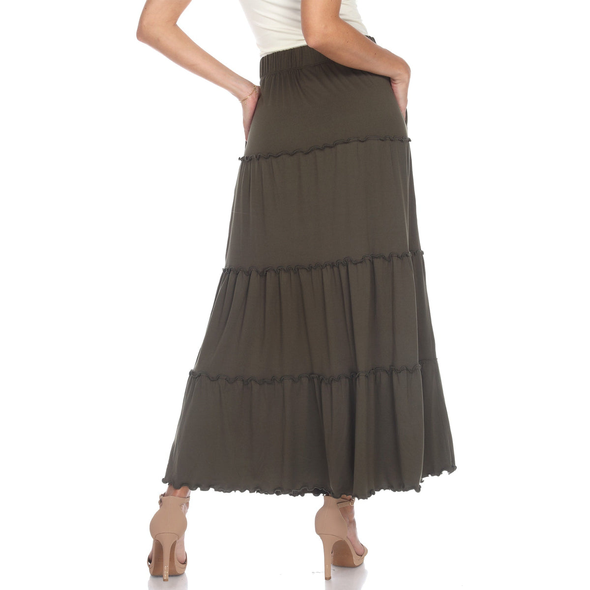 Tiered maxi skirt for women with ruffled hem, A-line fit and side pockets