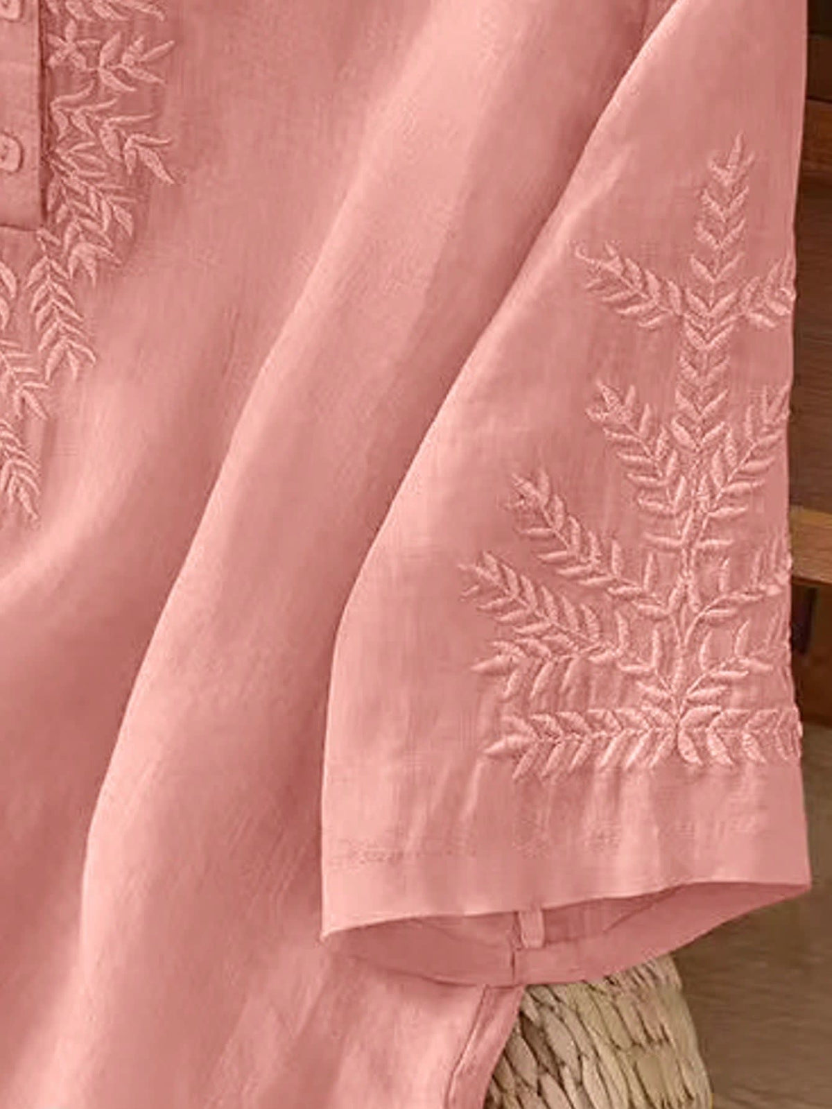 Blouse with embroidered V-neck and half sleeves for women