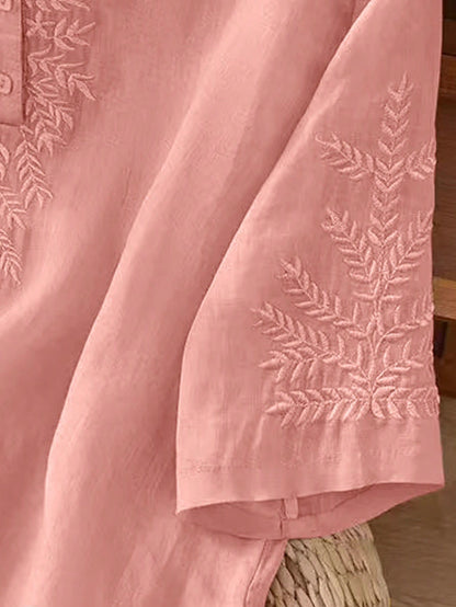 Blouse with embroidered V-neck and half sleeves for women