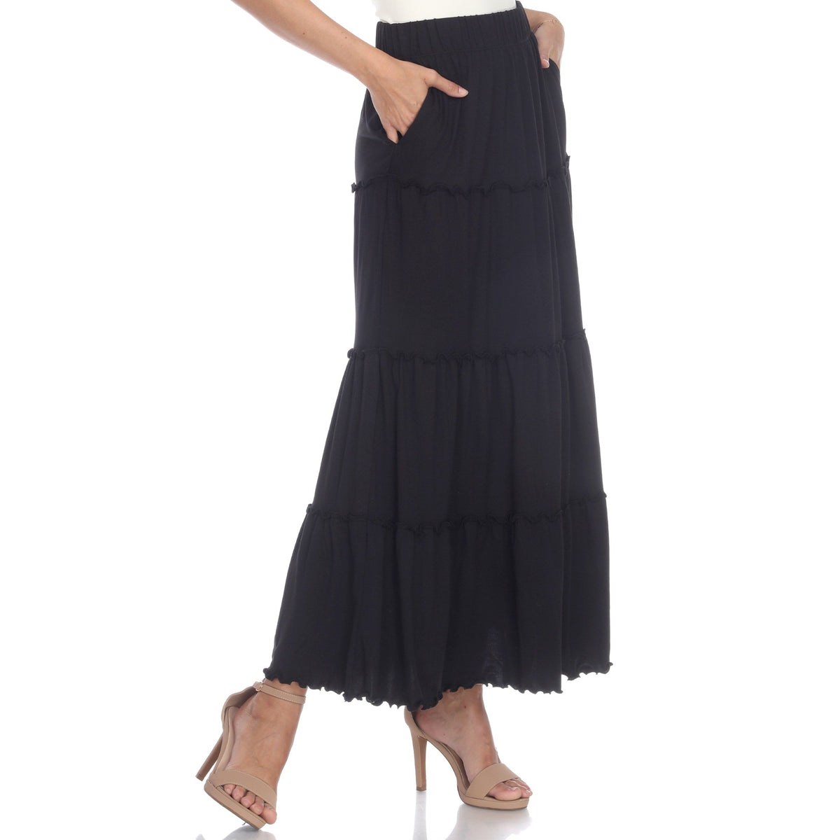 Tiered maxi skirt for women with ruffled hem, A-line fit and side pockets