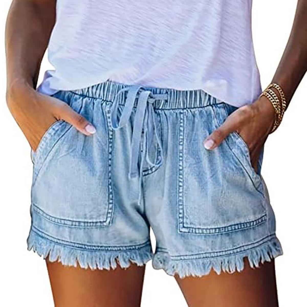 Womens shorts with drawstring waist and frayed hem, denim look