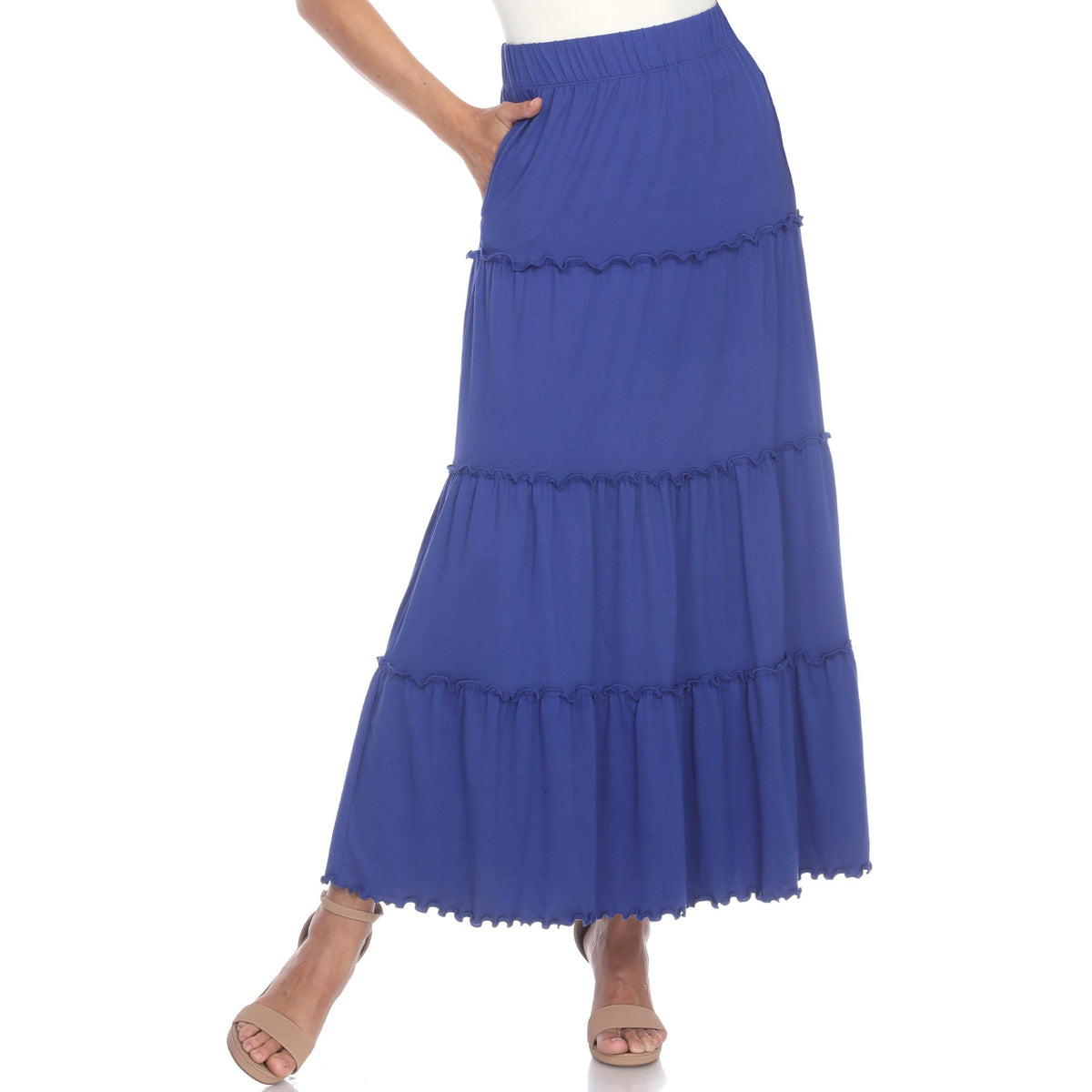 Tiered maxi skirt for women with ruffled hem, A-line fit and side pockets
